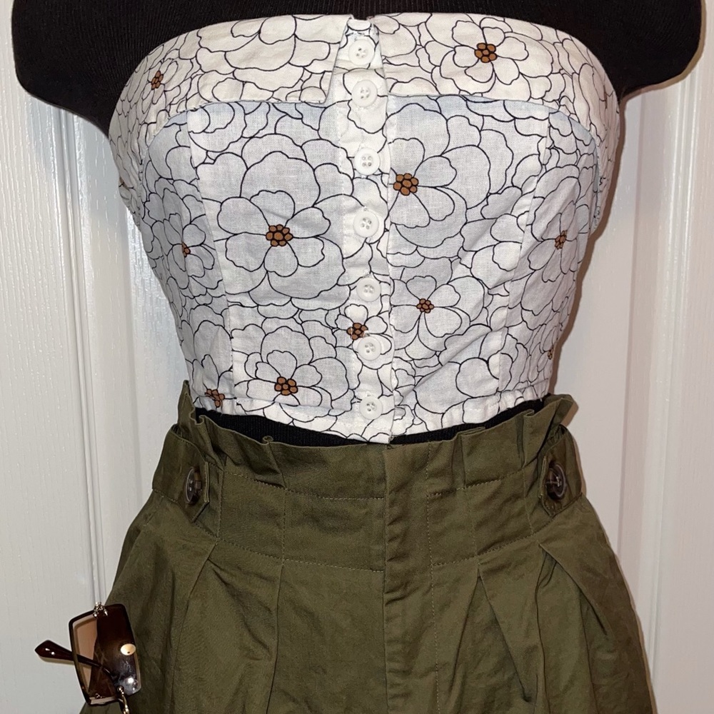 Outfit: Floral button-up top + Olive Green shorts